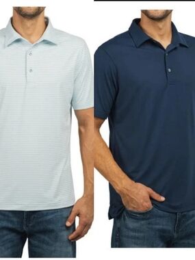 Men's Short-Sleeve Polo Shirt Set - Light Blue Stripe & Navy Set Of 2 Large